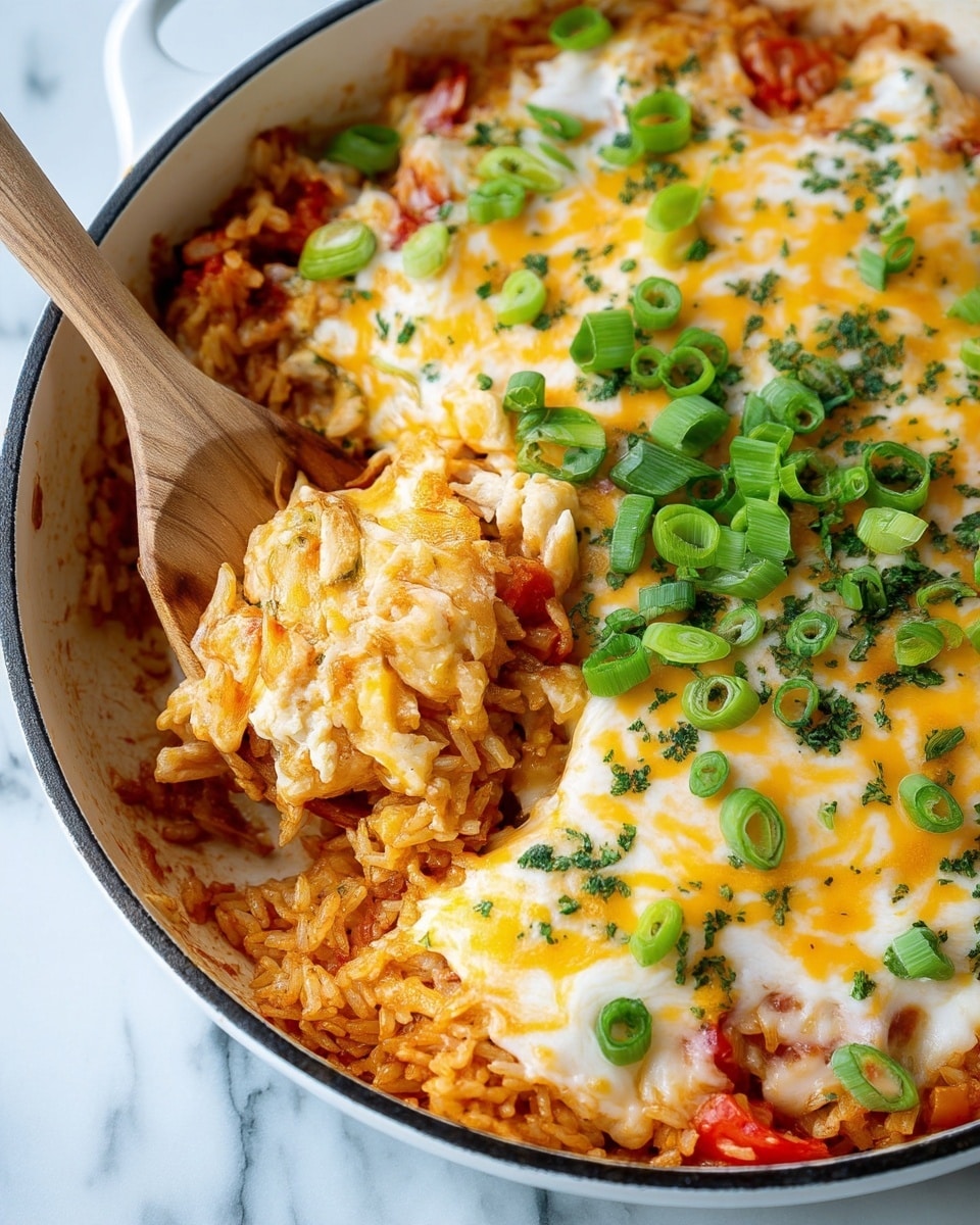 A close-up view of a white pan filled with a layered cheesy rice dish; the bottom layer is a mix of cooked rice and tomato pieces, topped with a melted cheese layer combining yellow and white cheese that looks soft and creamy; green sliced scallions and chopped parsley scatter on top, adding color; on the left side, there is a wooden spoon touching the food, lifting some of the cheesy rice; the background is a white marbled surface; photo taken with an iphone --ar 4:5 --v 7