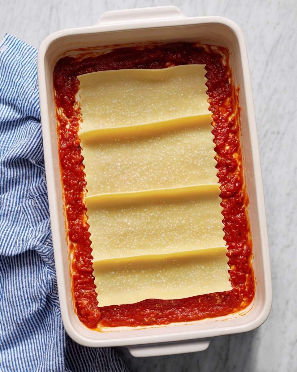 A white rectangular baking dish holds the first layer of a lasagna being made, with a base layer of thick red tomato sauce spread evenly at the bottom. On top of the sauce, four long, flat, pale beige lasagna sheets cover nearly the entire surface, arranged in a neat row with slight overlaps. The edges of the tomato sauce peek slightly around the pasta sheets. The dish is set on a white marbled surface, and a blue and white striped cloth is partially visible on the left side. Photo taken with an iphone --ar 4:5 --v 7