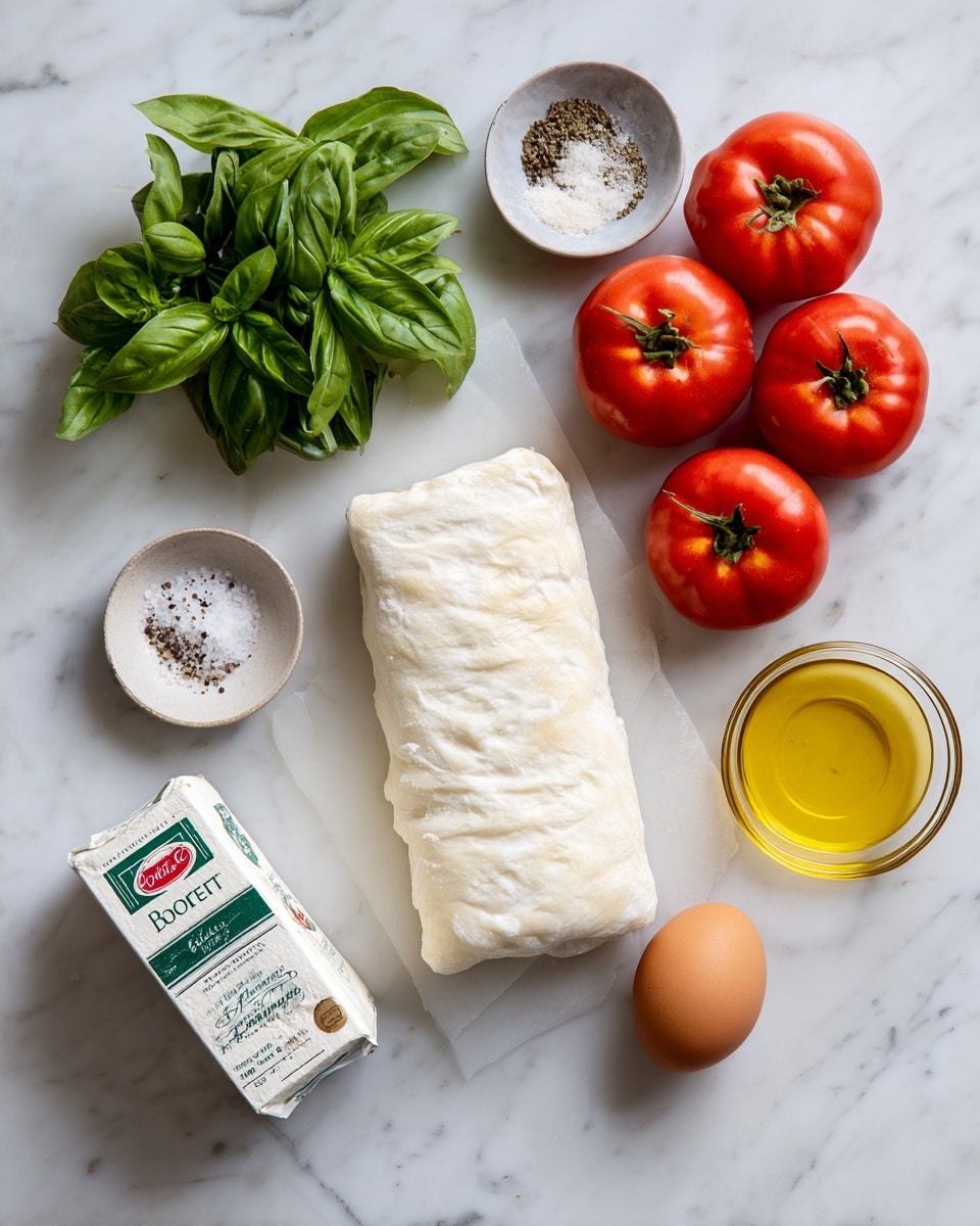 The image shows ingredients neatly placed on a white marbled surface. There are three round red tomatoes grouped together near the center. Next to the tomatoes is a rectangular white puff pastry sheet. Nearby is a small glass bowl with yellow olive oil and a brown egg placed next to it. A green bunch of fresh basil leaves is on the left side. A small round white bowl with salt and pepper sits at the top left. At the middle center, there is a white box of Boursin or goat cheese with green and white packaging. All items are clearly arranged and labeled, ready for cooking. photo taken with an iphone --ar 4:5 --v 7