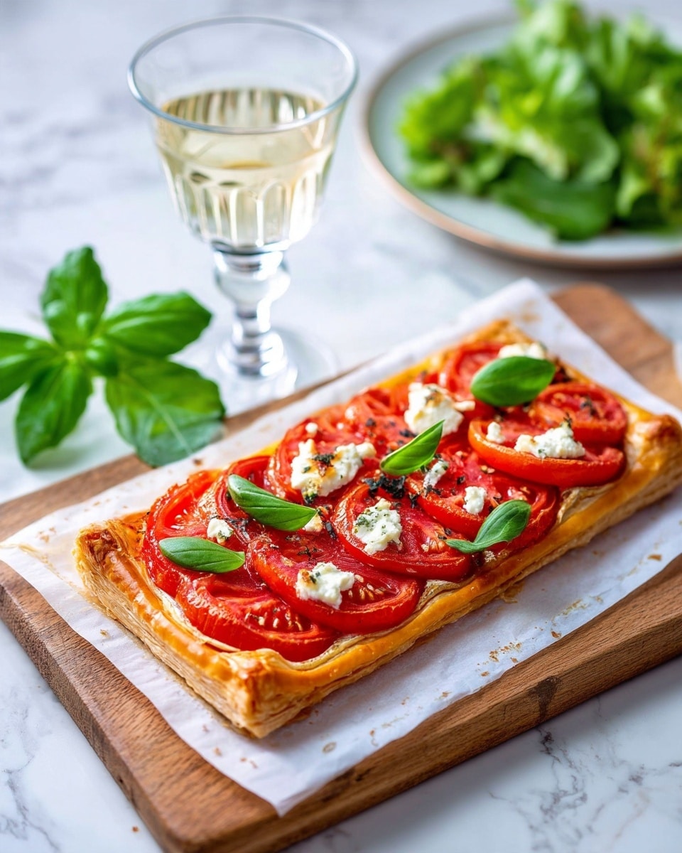 The dish is a rectangular tart with one layer of golden, flaky puff pastry as the base. On top is a bright red layer of sliced tomatoes covering the surface evenly. Small dollops of white soft cheese are spread across the tomato layer, with fresh green basil leaves placed on top for color contrast. The tart sits on white parchment paper on a wooden board, with a cluster of fresh basil leaves on one corner. A clear glass of light-colored drink and a white plate with fresh green salad are nearby, all set against a white marbled surface. Photo taken with an iphone --ar 4:5 --v 7