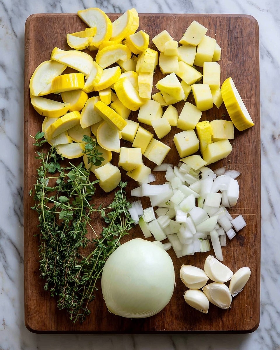 The image shows a wooden cutting board on a white marbled surface with fresh chopped vegetables and herbs. On the left side, there are many pieces of yellow squash sliced into half-moon shapes with their smooth yellow skin and light inside. In the middle, there are several small green thyme sprigs with tiny round leaves. On the right side, there are pieces of peeled potato cut into small cubes with a pale creamy color. Below the potatoes, there is a lot of chopped white onion, some in small square pieces and a large half onion next to them. Near the yellow squash, there are two cloves of peeled garlic shaped like small white bulbs. Photo taken with an iphone --ar 4:5 --v 7