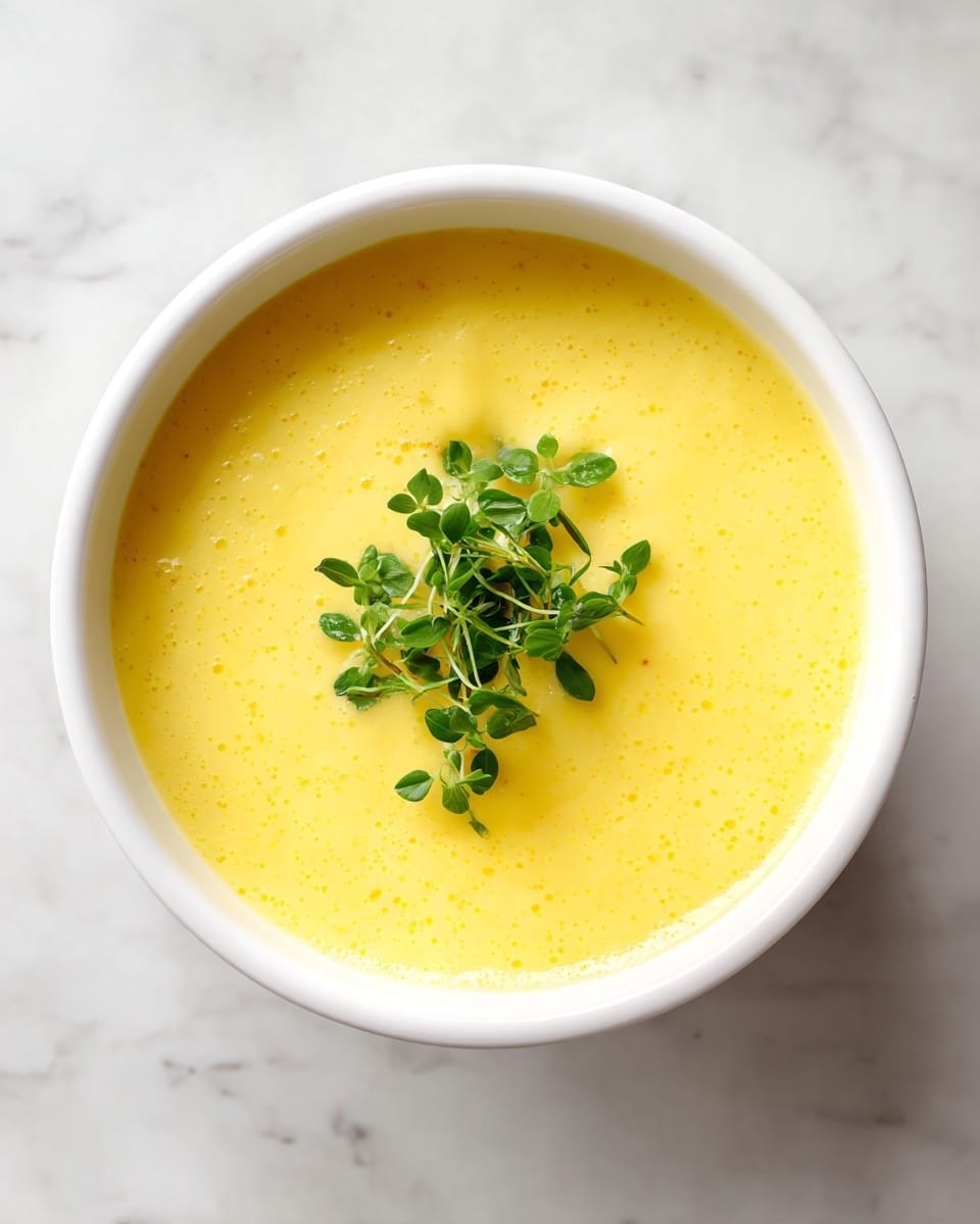 A white bowl filled with smooth, thick yellow soup that looks creamy and even in texture. In the center of the soup, there is a small cluster of fresh green herb leaves, adding a fresh touch. The bowl is placed on a white marbled surface that contrasts softly with the bright soup inside. The soup surface is glossy with no visible bubbles or chunks, making it look very smooth and clean. photo taken with an iphone --ar 4:5 --v 7