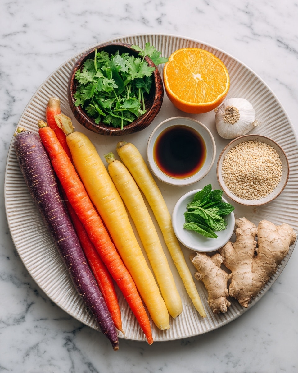 A large white plate with a ridged edge holds an assortment of colorful ingredients arranged neatly. On the left side, four long carrots lie side by side in purple, orange, pale yellow, and bright orange colors. Above the carrots, a small dark wooden bowl is filled with fresh green cilantro leaves. In the center, a bright orange slice is placed cut side up next to a small wooden bowl of light brown miso paste and a small white bowl of sesame seeds. To the right of the orange, there is fresh ginger root with its rough light brown skin, a garlic clove, and a small white bowl with honey. Below these, a small white bowl with rice vinegar is placed near a small white bowl filled with fresh green mint leaves. The plate sits on a white marbled surface. photo taken with an iphone --ar 4:5 --v 7
