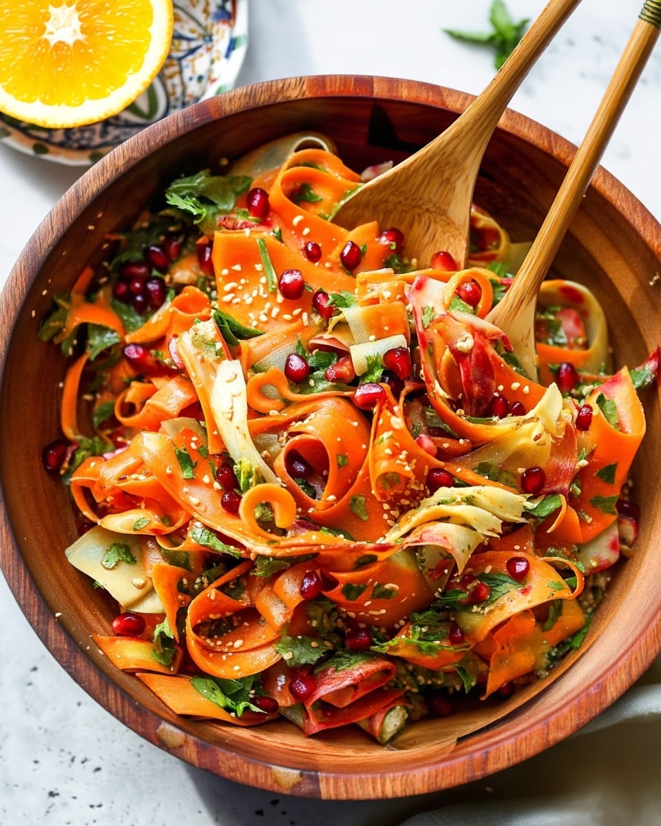 A wooden bowl holds a colorful salad made of thin, curled ribbons of orange carrots and pale yellow to light green veggies, mixed with small red pomegranate seeds scattered throughout. Bright green chopped herbs are sprinkled on top, with small beige sesame seeds adding texture. Two wooden chopsticks are inserted into the salad from the top left, gently lifting some ribbons. The bowl is placed on a white marbled surface with part of an orange slice visible in the top left corner. photo taken with an iphone --ar 4:5 --v 7