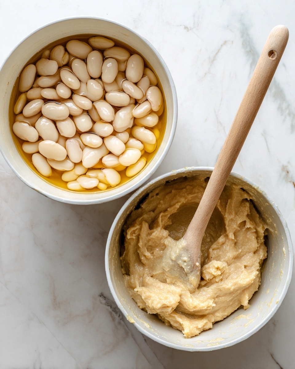 The image shows two white pots on a white marbled surface. The left pot is filled with large white beans soaking in a golden yellow liquid, with the beans covering most of the surface. The right pot contains a creamy, light beige mixture that looks mashed and thick, with some small chunks visible. A wooden spatula with a smooth texture rests inside the creamy mixture. photo taken with an iphone --ar 4:5 --v 7