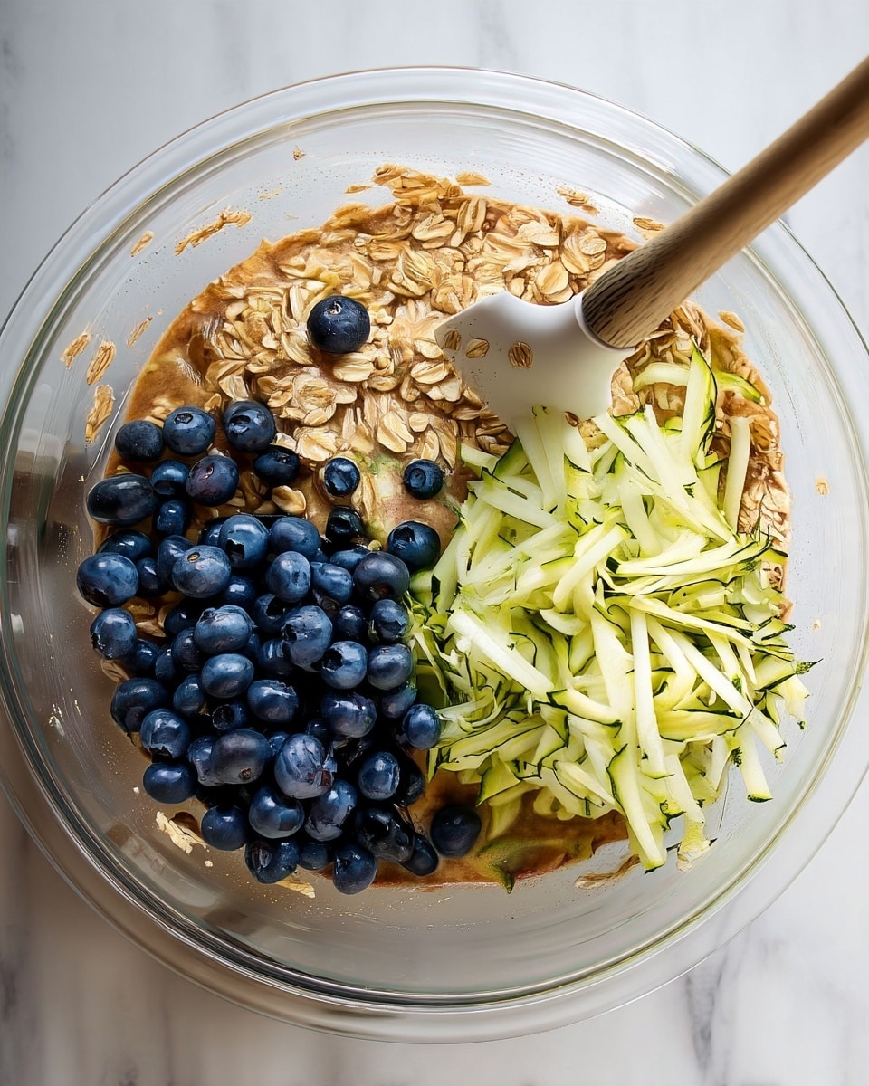 A clear glass bowl sits on a white marbled surface, filled with a mixture of ingredients in three distinct piles. On the left, a pile of fresh, round blueberries shows deep blue colors with a soft, smooth texture. At the top, there is a pile of loose oats, light brown and dry with a rough texture. On the right side, there is a heap of shredded light green zucchini with darker green edges, showing thin, elongated strips. Beneath the piles, a light brown liquid batter is partly visible. A white spatula with a wooden handle rests inside the bowl, touching the oats. Photo taken with an iphone --ar 4:5 --v 7