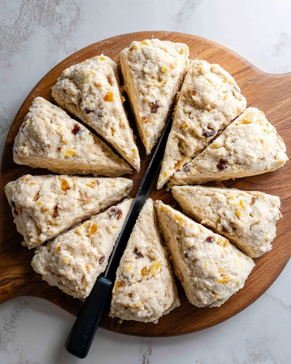 The image shows a round dough divided into 12 triangular pieces on a wooden cutting board. The dough is light beige with visible dark brown and yellow bits mixed in, giving it a rough and crumbly texture. A black knife is cutting through the dough from the center outward. The surface underneath the cutting board is a white marbled texture photo taken with an iphone --ar 4:5 --v 7
