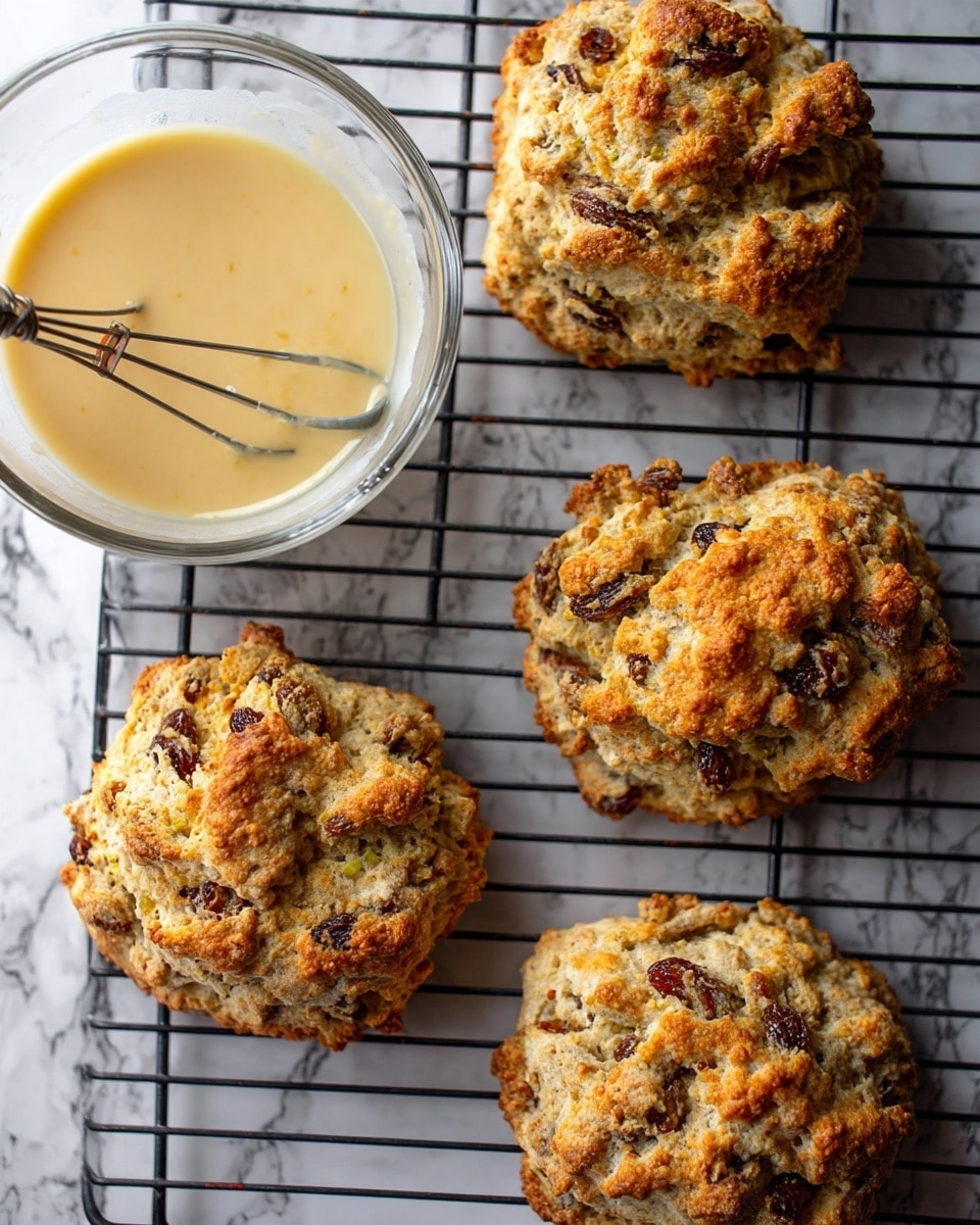 The image shows four golden brown scones with a rough, crumbly texture and visible dark raisins, resting on a black cooling rack over a white marbled surface. To the top left is a clear glass bowl containing a light beige sauce or glaze with a small whisk inside, ready to be used with the scones. The scones have an uneven shape, each with a crunchy outer layer and a soft inside. photo taken with an iphone --ar 4:5 --v 7