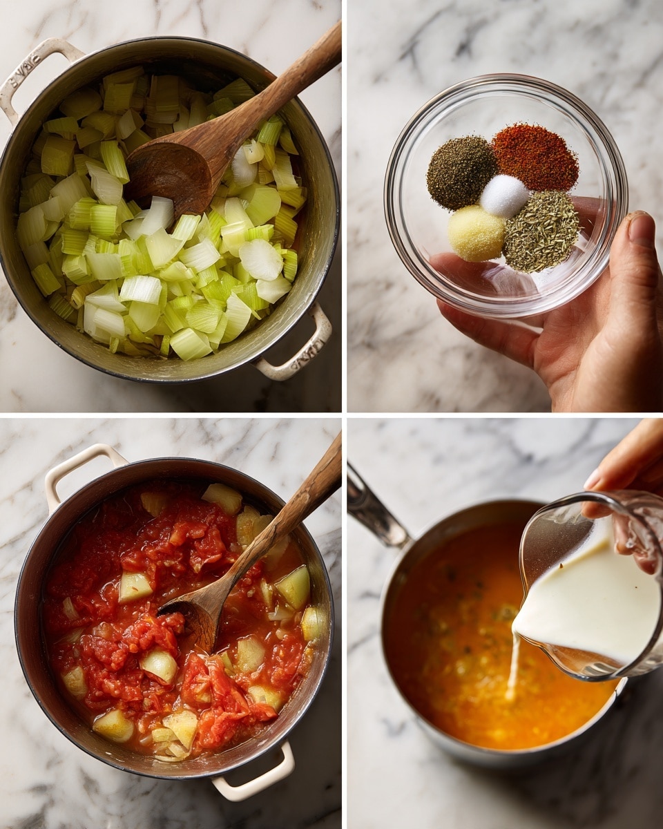 The image shows four steps of a soup-making process. The first step (top left) shows a pot on a white marbled surface with chopped celery and onions at the bottom, along with chunks of butter, and a wooden spoon resting inside. The second step (top right) features a woman's hand holding a small clear glass bowl filled with four spices: dried green herb, white salt, black pepper, and a small amount of reddish spice. The background shows a pot with tomatoes inside. The third step (bottom left) displays a pot filled with a chunky soup mixture of red tomatoes, celery, and onions; a white immersion blender is blending the soup while a wooden spoon rests inside the pot on the white marbled surface. The fourth step (bottom right) shows a pot containing an orange soup base on a white marbled surface, with a measuring cup pouring cream or milk into it, and a wooden spoon partially submerged in the mixture. Photo taken with an iphone --ar 4:5 --v 7