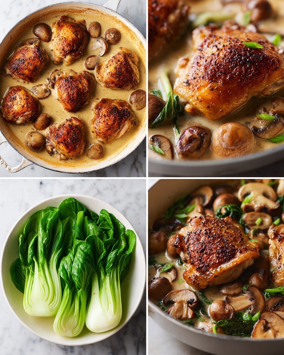 The image shows four close-up shots of a cooked chicken dish with mushrooms and bok choy on a white marbled surface. In the first shot, there are five pieces of golden-brown chicken thighs in a creamy light brown sauce with sliced mushrooms around them in a round white pan. The second shot focuses on one chicken thigh with a crispy, seasoned skin, surrounded by whole mushroom slices in the same sauce. The third shot presents fresh green bok choy leaves with white stems in a white bowl, untouched and neatly arranged. The fourth shot shows the chicken thighs mixed with mushrooms and bok choy in the creamy sauce, highlighting the contrast of the browned chicken, beige mushrooms, and dark green bok choy. The photo is taken with an iphone --ar 4:5 --v 7