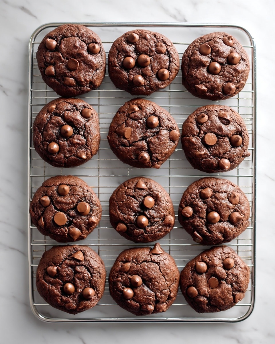 The image shows a close-up of nine round chocolate cookies with chocolate chips on top, arranged on a silver cooling rack. Each cookie has a slightly cracked surface with a dark brown color and small shiny chocolate chips evenly scattered, adding texture. The cooling rack is placed on a white marbled surface that adds a clean and bright background to the rich colors of the cookies. The cookies look soft and thick with a moist texture visible from the cracks. Photo taken with an iphone --ar 4:5 --v 7