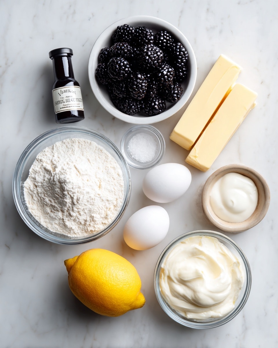 The image shows a white marbled surface with eight ingredients arranged neatly. At the top left, there is a small dark bottle labeled vanilla. To the right, there is a small white bowl filled with shiny blackberries. Below vanilla, there are two sticks of butter, pale yellow with smooth texture, placed next to four white eggs arranged in a small cluster. Near the eggs, a small clear bowl holds fine white salt. A half lemon with a bright yellow inside and textured peel is placed below the salt. At the bottom left, a large clear bowl contains white cake flour with a powdery texture. Next to it, a small brown bowl holds smooth sour cream, white and creamy. On the bottom right, a medium-sized clear bowl is full of white sugar with a fine grain texture. All ingredients are well spaced on the clean white marbled surface photo taken with an iphone --ar 4:5 --v 7