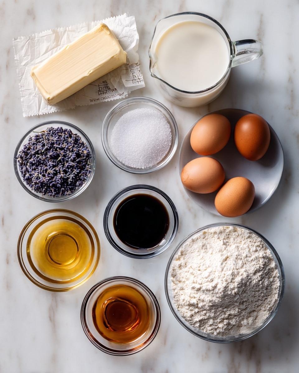 The image shows a collection of ingredients for baking placed neatly on a white marbled surface. At the top right, there is a clear glass measuring cup filled with whole milk, next to a stick of unsalted butter still in its cream-colored paper wrapper and a transparent ruler-like butter measuring guide. Below and to the right of the butter are two brown eggs and a small glass bowl of granulated sugar that is sparkling in the light. Near the center, a small clear bowl contains dried lavender buds with a dark purple color. A separate bowl holds vanilla extract, dark amber in color. Below these, a shallow glass bowl filled with vegetable oil sits next to a large glass bowl of all-purpose flour that looks fine and white, with a smaller bowl inside containing baking powder and salt. Each ingredient is labeled with clear text. The photo taken with an iphone --ar 4:5 --v 7
