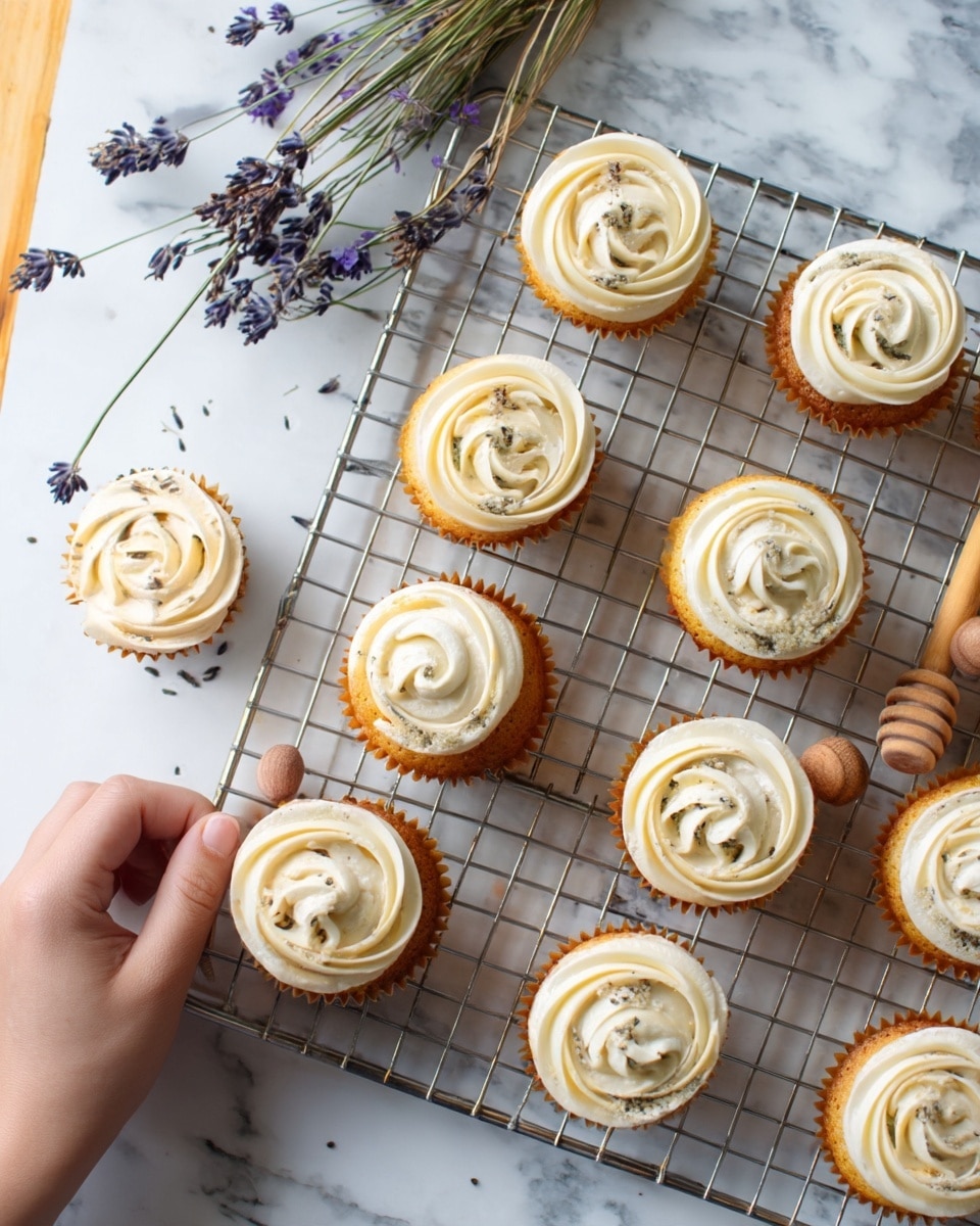 The image shows a white marbled surface with ten vanilla cupcakes arranged on a cooling wire rack. Each cupcake has one layer of light golden cake topped with a generous swirl of pale cream-colored frosting that has a smooth and creamy texture. Some cupcakes have delicate sprinkles of tiny seeds on top, adding small dark specks to the otherwise uniform frosting. To the left of the cupcakes, there is a wooden honey dipper resting on the marbled surface with a small bunch of dried lavender flowers above it, adding natural purple tones. A woman's hand is gently touching one cupcake in the upper left area. The overall look is clean, soft, and inviting. photo taken with an iphone --ar 4:5 --v 7