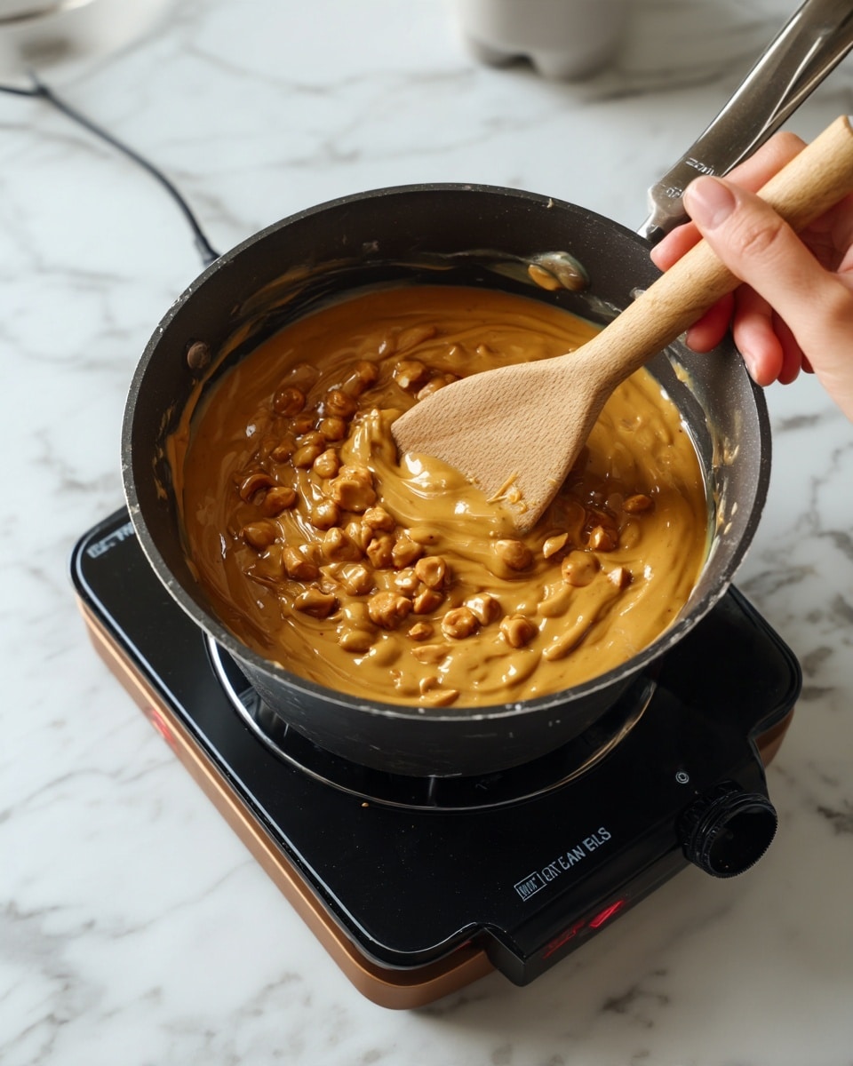 A small black pot sits on an electric stove with melted peanut butter inside, showing thick, creamy, light brown peanut pieces mixed with smooth, golden peanut butter. A woman's hand holds a wooden spoon stirring the mixture, revealing the thick and sticky texture blending evenly. The scene is set on a white marbled surface with soft lighting highlighting the shiny, glossy texture of the peanut butter. photo taken with an iphone --ar 4:5 --v 7