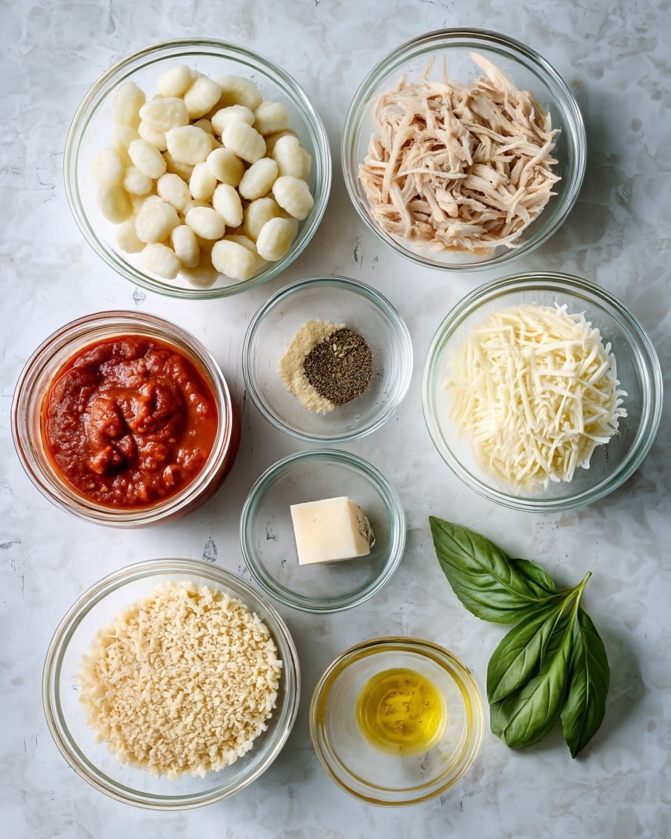 The image shows a flat lay of several clear glass bowls and a jar arranged on a white marbled surface, each bowl containing different ingredients for a recipe. Starting from the top left, a bowl filled with small white gnocchi sits beside a bowl of shredded light tan chicken. Below, smaller bowls hold various spices and minced garlic, next to a small cube of butter. An open jar of red tomato basil sauce is placed slightly tilted near the center. On the bottom left, a bowl of pale breadcrumbs and a bowl of chopped onions are visible. To the right, there is a couple of fresh green basil leaves, a small bowl of olive oil, and a bowl filled with shredded white cheese. The colors range from white and light tan to red and green, all set neatly on the textured white marbled background. Photo taken with an iphone --ar 4:5 --v 7