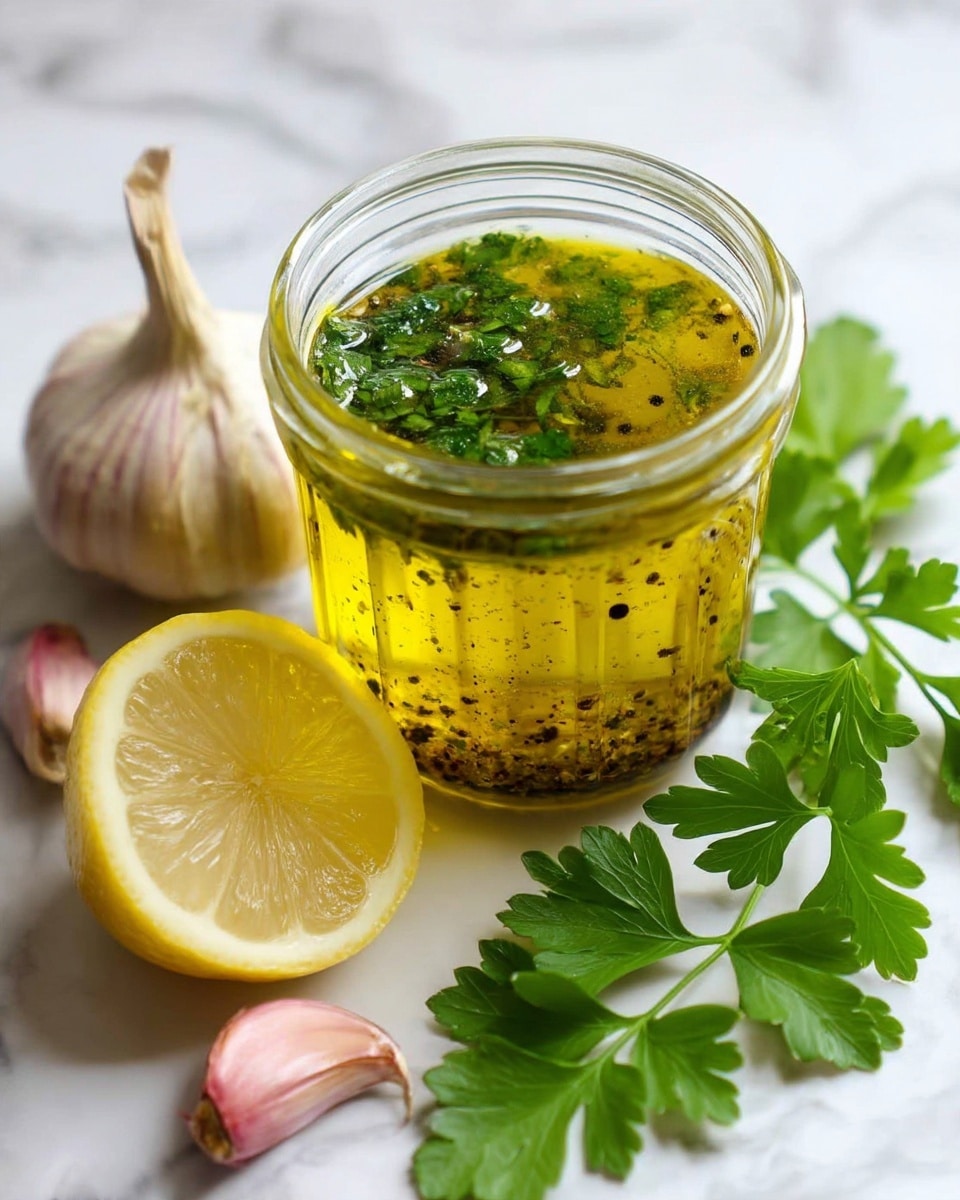 A clear glass jar filled with a yellow-green mixture of oil and chopped green herbs sits in the center on a white marbled surface. Around the jar are fresh green parsley sprigs, two lemon halves showing pale yellow inside, and a whole garlic bulb with white and pinkish skin. The jar's contents have a slightly oily, textured look with visible small black pepper specks and finely chopped herbs floating throughout. photo taken with an iphone --ar 4:5 --v 7