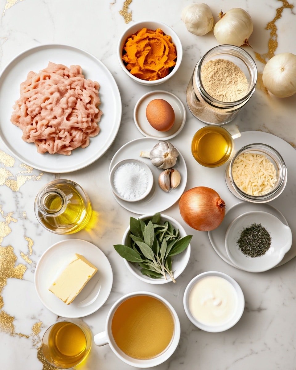 The image shows an arrangement of ingredients on a white marbled surface with gold streaks. There are ten white plates and bowls, including a large plate in the upper left holding light pink ground meat with a soft texture. Next to it is a bowl with bright orange mashed ingredient, and a larger open jar filled with a pale beige powder. Below that, a small white bowl has shredded pale yellow cheese. In the center, a small plate holds a brown egg, and next to it is a small plate with coarse white salt and two garlic cloves. To the right, a small plate contains finely ground black pepper, and another has light beige powder. An onion with brown skin sits near the bottom right. A bowl of fresh green herb leaves is near the center, and next to it is a square of pale yellow butter on a small white plate. There is a clear glass container filled with golden olive oil, and a white cup holds a light golden broth. A small white bowl contains thick white cream. All items are neatly spaced and clearly visible. Photo taken with an iphone --ar 4:5 --v 7