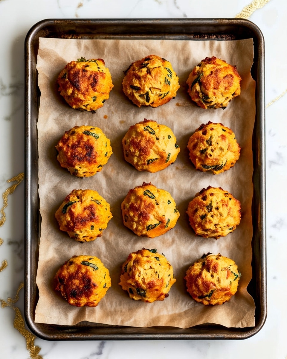 Twelve round golden brown balls with a slightly rough texture are arranged in four rows on a sheet of light brown parchment paper, which lies inside a dark metal baking tray. The balls have small green herb pieces visible on their surfaces, and some spots show a darker, more toasted color. The tray is placed on a white marbled surface with faint grey and gold veins. photo taken with an iphone --ar 4:5 --v 7