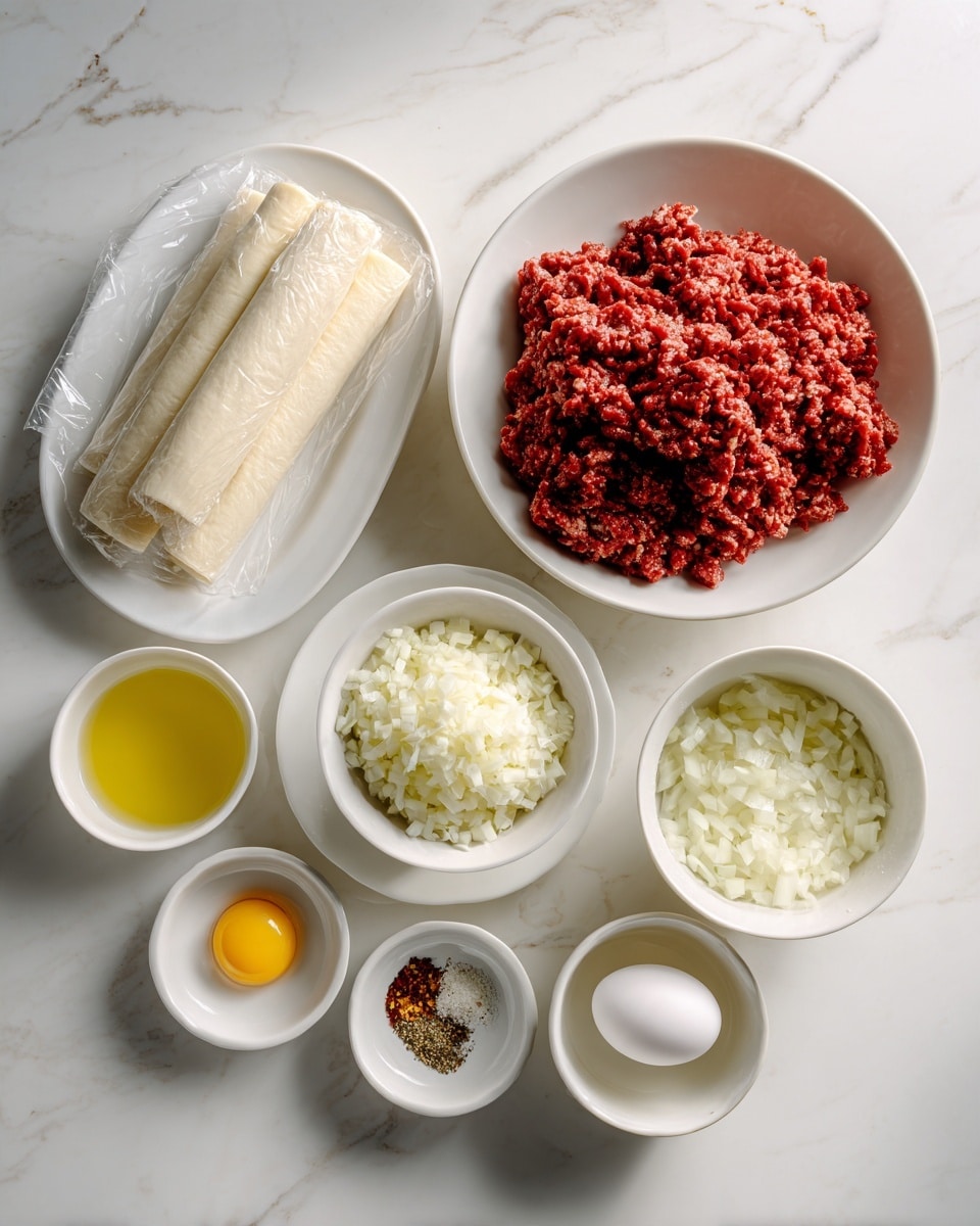 The image shows several white bowls and a white oval plate arranged on a white marbled surface. The largest bowl on the right holds a pile of red ground meat with a crumbly texture. Next to it, a medium white bowl contains finely chopped white onions. Below that, a small bowl has a mix of ground spices and minced garlic. Nearby, there is a single egg in a small white bowl. On the left side, a white oval plate holds two rolled sheets of dough wrapped in plastic. Additional small white bowls contain a yellow melted butter-like liquid, a clear light oil, and a white liquid, likely cream. The scene is clean and bright. photo taken with an iphone --ar 4:5 --v 7