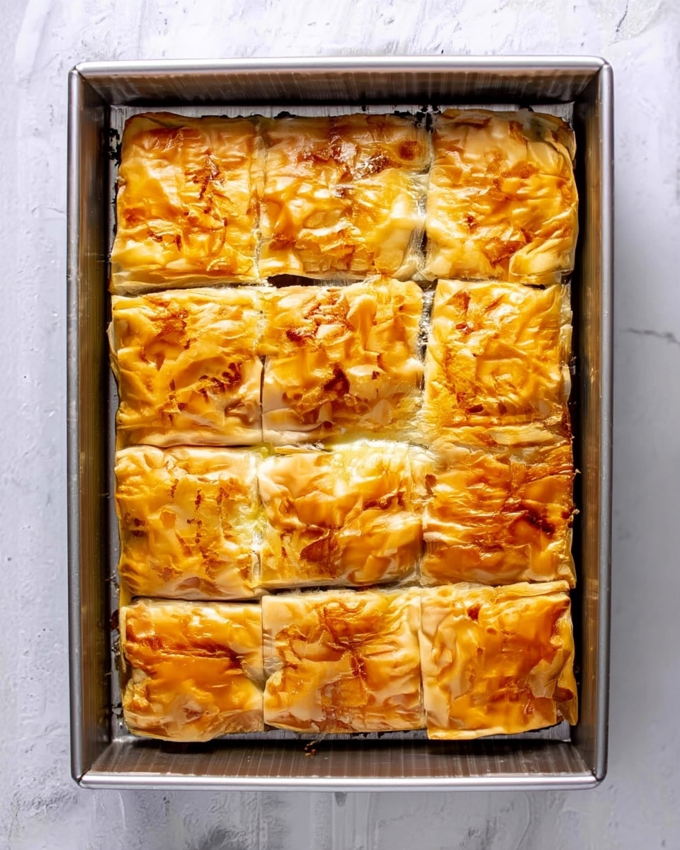 A rectangular baking tray filled with nine square pieces of golden-brown layered pastry. Each piece shows a shiny, crispy top with a slightly uneven texture that hints at multiple thin layers baked together. The pastry surface has small browned spots and gentle wrinkles, suggesting a flaky and light quality. The tray sits on a white marbled texture background, giving a clean, bright look to the scene. photo taken with an iphone --ar 4:5 --v 7