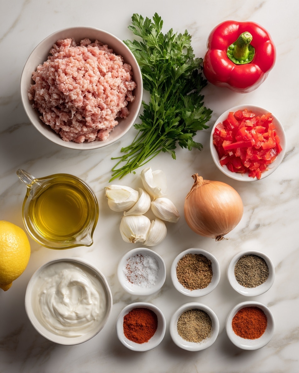 A white bowl filled with pale pink ground meat is placed on the top left on a white marbled surface. Next to it is a whole red bell pepper and small diced red bell pepper pieces at the middle right. Two whole onions, one whole and one halved, are positioned near the bell peppers. Below the onions are four whole peeled garlic cloves. At the bottom right corner is a small glass jug filled with yellow olive oil. On the left middle area, a fresh bunch of green parsley is spread out with a yellow lemon below it. Below the lemon is a white bowl filled with thick white yogurt. At the bottom of the image, eight small white bowls form a row showing spices with various colors including red, brown, beige, yellow, cinnamon brown, white salt, black pepper, and crushed red pepper flakes. The background is a white marbled texture. Photo taken with an iphone --ar 4:5 --v 7