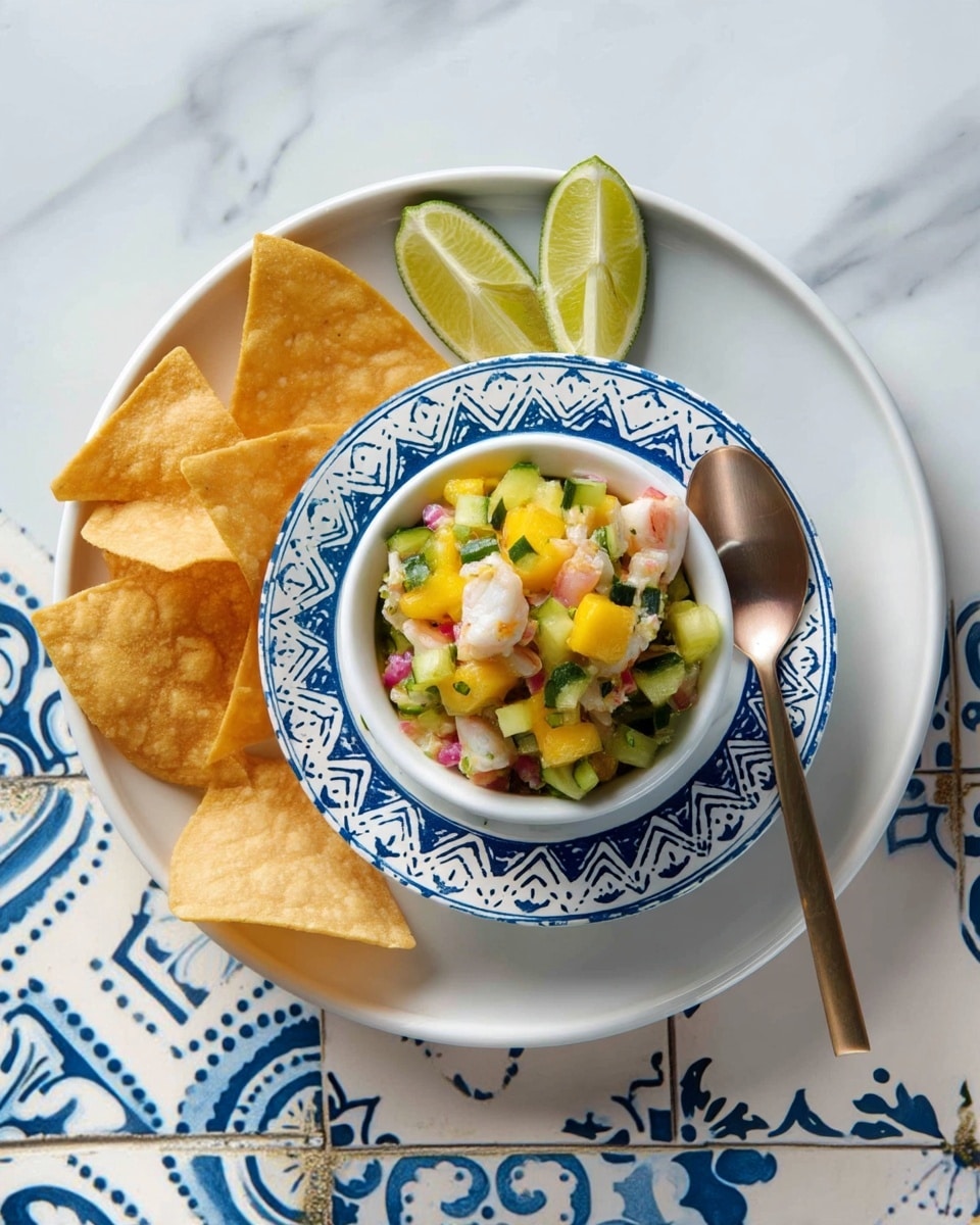 This image shows a small white bowl with blue patterns filled with a colorful seafood salad placed on a larger white plate. The salad has three main layers: the bottom and middle layers show chopped green cucumber pieces mixed with yellow mango chunks and small white and pink seafood bits scattered evenly throughout. Crispy golden tortilla chips are placed around the bowl on the plate, with some overlapping the salad bowl’s edge. Two lime wedges sit on the white plate, one at the top near the chips and one at the bottom edge. A silver spoon rests on the plate beside the bowl. The setting is on a white marbled surface with blue and white patterned tiles partially visible around the plate. Photo taken with an iphone --ar 4:5 --v 7