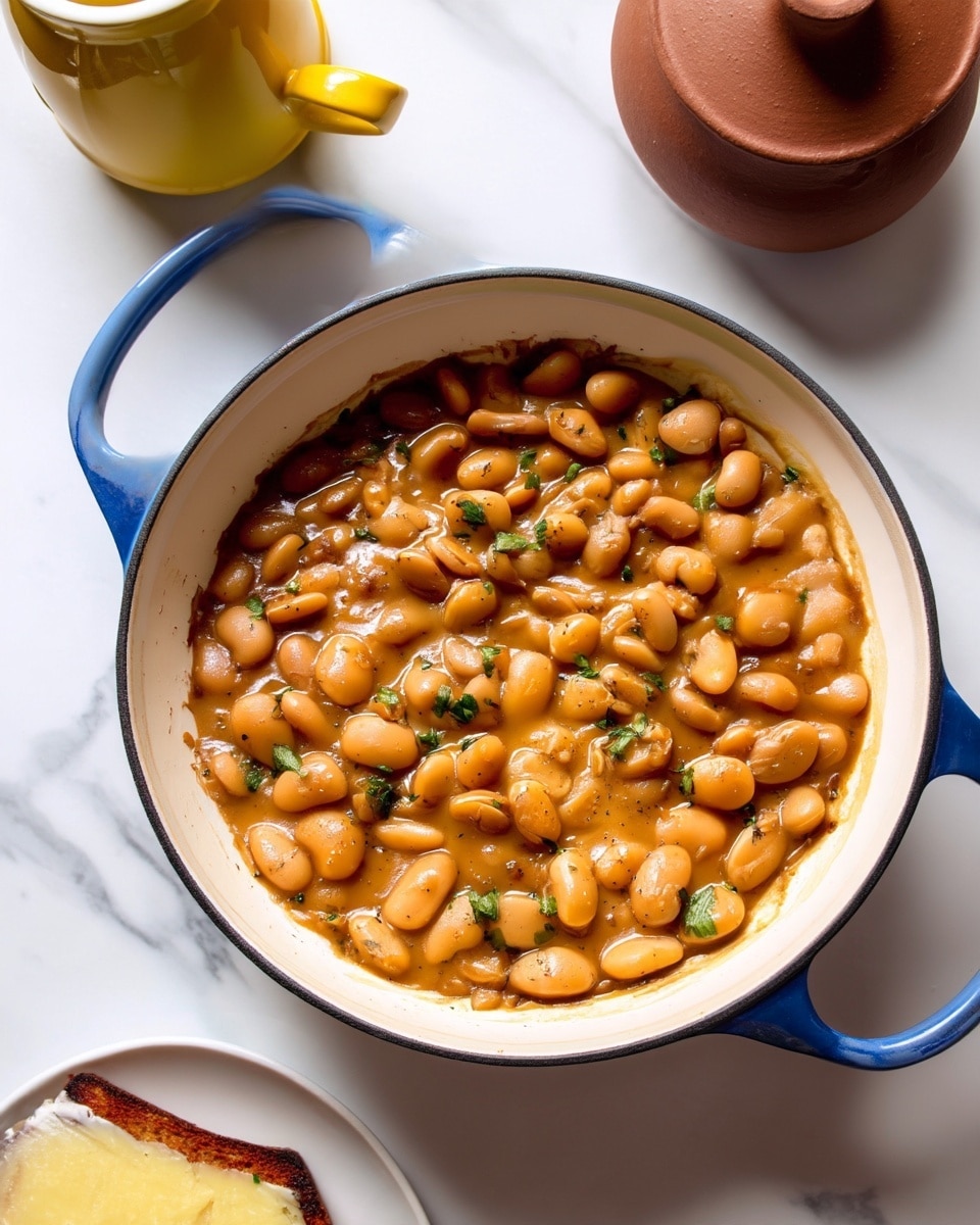 A white pot with light blue handles is filled with cooked butter beans in a thick, creamy sauce. The butter beans are pale orange and appear soft, mixed with small bits of green herbs scattered on top. The saucy layer underneath looks smooth, light brownish with a slightly shiny texture. The pot sits on a white marbled surface, and next to it is a piece of toasted brown bread topped with melted yellow cheese on a white plate. In the background, there are ceramic containers in neutral tones, adding a cozy kitchen feel. Photo taken with an iphone --ar 4:5 --v 7