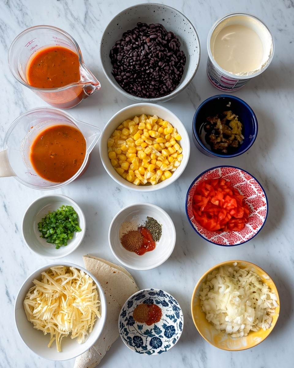 The image shows a white marbled surface with nine small bowls and a measuring jug, each containing different ingredients. At the top left is a white bowl filled with black beans, next to it on the right is a white container with a light cream sauce. Below the beans is a beige bowl with yellow corn kernels. In the middle right is a white bowl with red diced tomatoes with a red floral pattern inside and a navy bowl to its left with green chopped chilies. Below the corn and chilies are small white bowls, one with mixed spices and the other with chopped onions placed in a yellow-bordered bowl. To the bottom left is a white bowl full of shredded cheese. The clear measuring jug on the left contains orange-red sauce. In the center is a folded white tortilla. The whole arrangement is neat and shows a variety of colorful ingredients used for making a fresh dish. Photo taken with an iphone --ar 4:5 --v 7