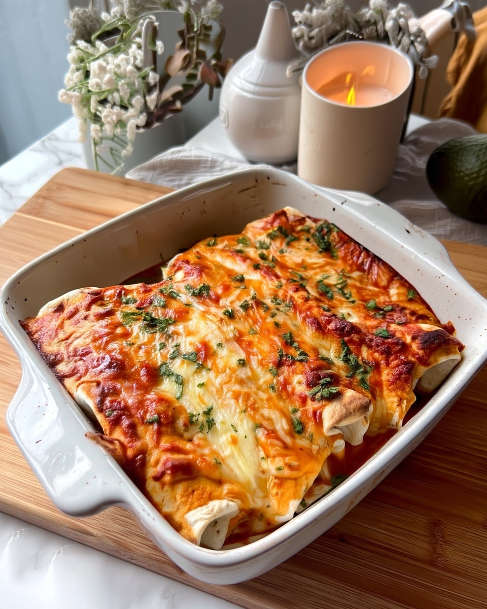 A close-up of a large folded enchilada on a white plate, with its top covered in a thick layer of melted, golden-brown cheese that is slightly crispy around the edges. The cheese layer is sprinkled with small green herbs. Inside the enchilada, there are visible dark beans and a creamy white sauce peeking through a cut on the side. A silver fork sits beside the enchilada on the plate, which is placed on a white marbled surface. Photo taken with an iphone --ar 4:5 --v 7