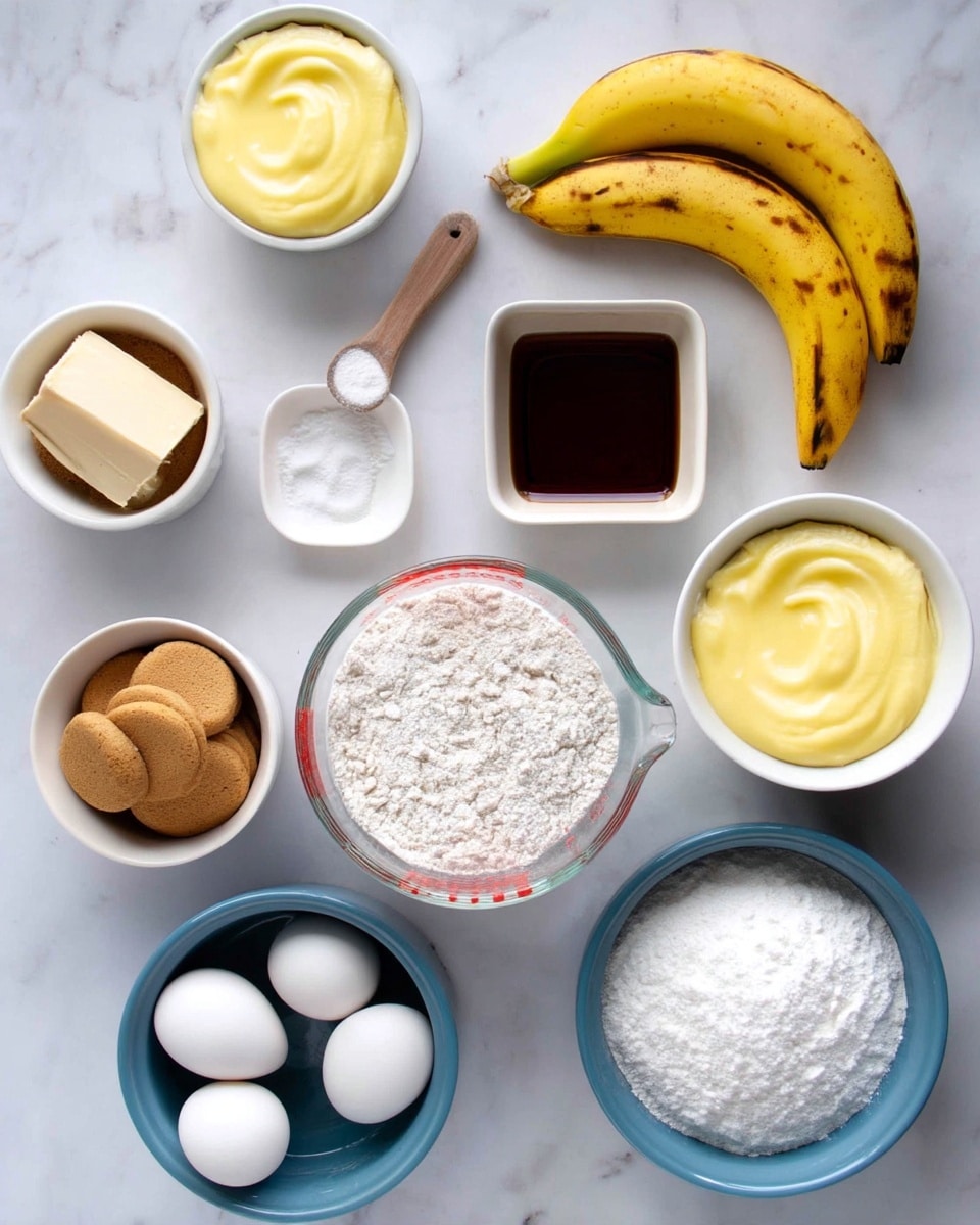 The image shows a top view of various baking ingredients arranged neatly on a white marbled surface. In the center, there is a clear glass measuring cup filled with white flour. To the right of it, there are two yellow bananas with some brown spots on their skin. Above the bananas, a stick of butter wrapped in paper sits next to a small white square bowl filled with a dark brown liquid, likely vanilla extract. Above the flour, there is a small white round bowl with a thick pale yellow creamy substance, possibly butter or custard. A wooden spoon rests beside it, holding a small white powder, probably salt. On the left side of the flour, there is a white bowl containing light brown packed sugar rounds. Below it, a blue bowl holds two white eggs. Below the flour and slightly to the right, a small white bowl with white powder is present, likely baking powder or soda. Photo taken with an iphone --ar 4:5 --v 7