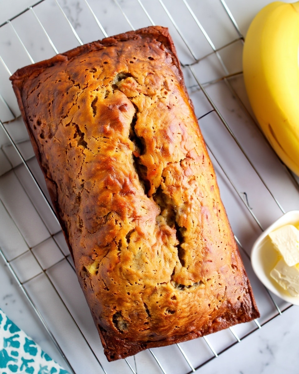 A golden brown loaf of banana bread with a textured top sits on a silver cooling rack. The bread shows cracks and small holes on its surface, with slightly darker edges giving it a baked look. To the right, a yellow banana adds color to the scene, and in the bottom right corner, a white bowl with light yellow cubes of butter can be seen. The background is a white marbled surface that contrasts softly with the bread and other items. photo taken with an iphone --ar 4:5 --v 7