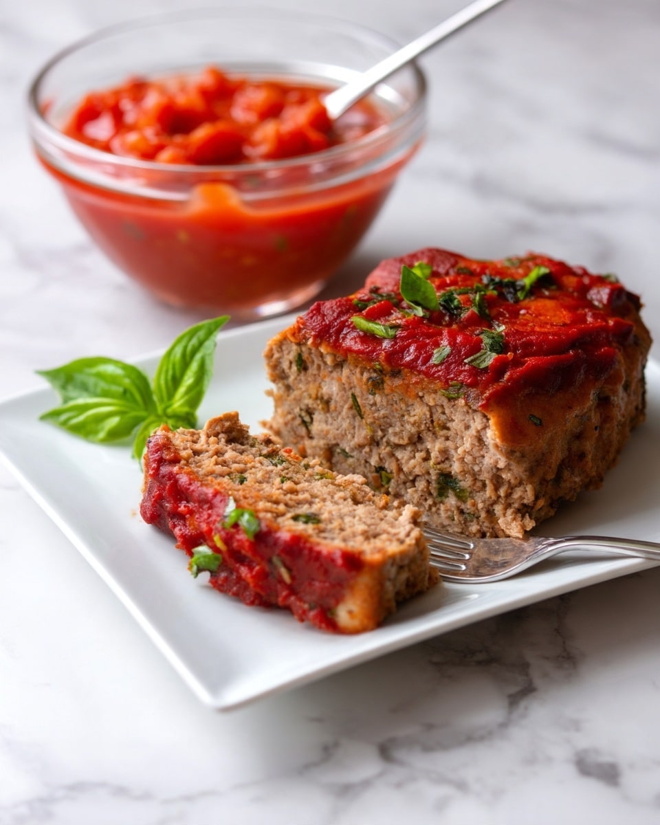 A serving of meatloaf with a rough texture and baked tomato sauce on top is placed on a white square plate. The meatloaf is thick and dense, with visible herbs mixed inside. A piece is cut and rests slightly to the right, showing the inside crumb. A silver fork holds a small bite of the meatloaf in the foreground. In the background, there is a small glass bowl filled with chunky red tomato sauce and fresh green basil leaves. The plate is set on a white marbled surface. Photo taken with an iphone --ar 4:5 --v 7