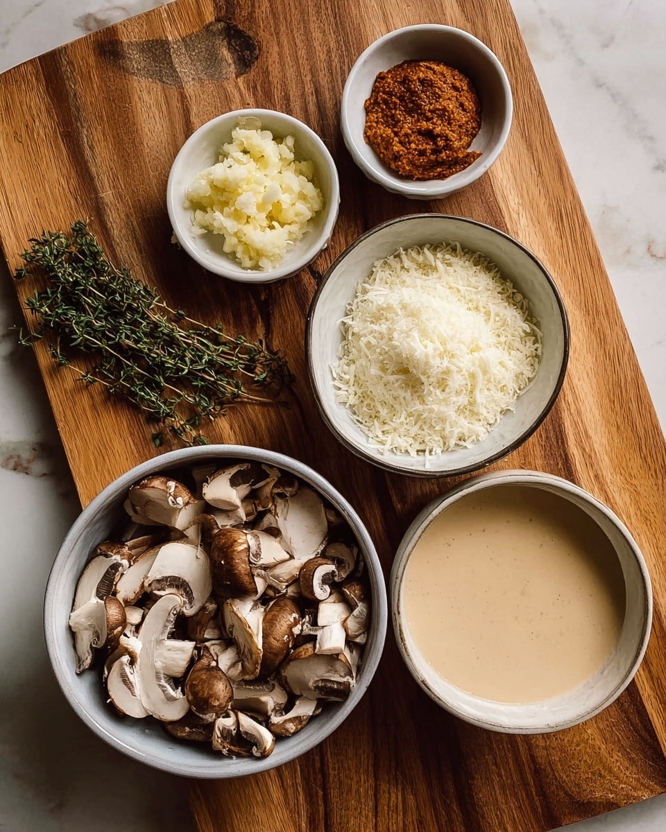 The image shows a wooden board placed on a white marbled surface, holding four white small bowls and one white medium bowl. The largest bowl at the bottom left is filled with sliced brown mushrooms with white edges. To the right of this bowl, there is a medium-sized bowl filled with smooth, light beige creamy liquid. Above it, a white small bowl contains finely grated white cheese, looking fluffy and soft. To the top left, two small white bowls hold finely chopped pale yellow garlic and a reddish-brown thick paste, with the paste bowl positioned above the garlic. Fresh green thyme sprigs lie on the wooden board near the creamy liquid bowl, adding a touch of natural color. The whole scene is softly lit, highlighting the texture and colors of the ingredients, photo taken with an iphone --ar 4:5 --v 7