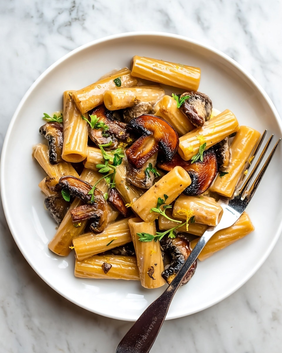 A close-up view of rigatoni pasta mixed with sliced brown mushrooms on a white plate, with visible fine green herbs sprinkled throughout. The rigatoni pieces are thick and tubular with light yellow color and slightly glossy texture, while the mushrooms are dark brown with a soft, cooked look. A silver fork is picking up one piece of rigatoni and some mushrooms near the bottom right side of the plate. The plate is set on a white marbled surface. Photo taken with an iphone --ar 4:5 --v 7