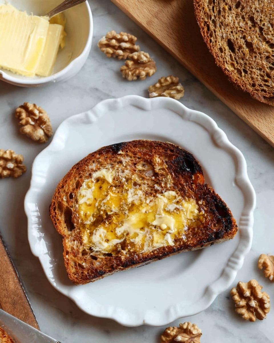 A single slice of toasted brown bread with a slightly charred crust sits on a white scalloped plate. The toast is layered with melted butter that shines golden and soft in the light, soaking into the holes and cracks of the bread's texture. Around the plate, whole walnut pieces are scattered, adding a rough, irregular texture with their light brown, wrinkled surfaces. In the background on a wooden board, there is a thick slice of the same bread, showing its dense, nut-filled interior, and a small white bowl with smooth, creamy butter. The scene is set on a white marbled surface, making the warm earth tones of the toast and walnuts stand out. photo taken with an iphone --ar 4:5 --v 7
