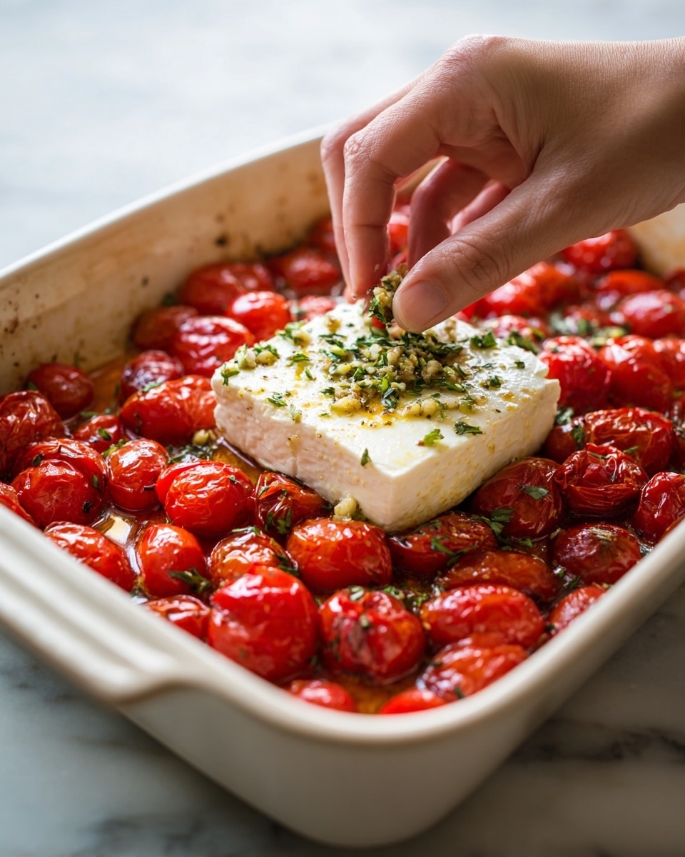 A deep white baking dish holds bright red roasted cherry tomatoes spread evenly as the bottom layer. In the center, a thick, square block of creamy white cheese is placed on top of the tomatoes. The cheese block has a slightly browned edge showing it is roasted. The tomatoes around it are blistered and shiny from cooking. A woman's hand is seen pressing down the cheese block gently. Another close-up shows garlic being pressed over the cheese and tomatoes, adding small bits of light yellow garlic on top. Finally, fresh green herbs are being sprinkled over the cheese and tomatoes, creating a colorful contrast. The background is a white marbled surface. photo taken with an iphone --ar 4:5 --v 7