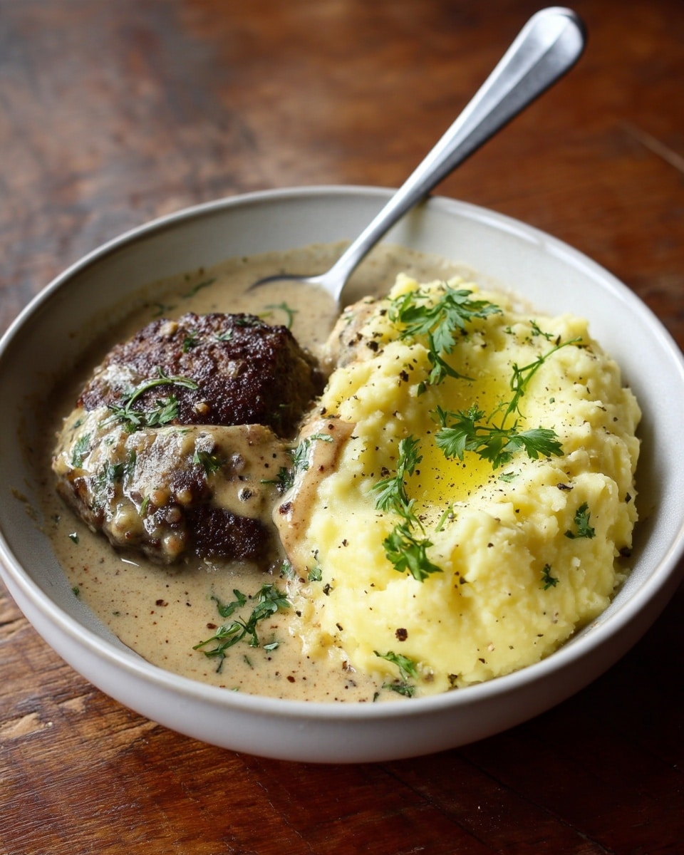 A white bowl on a wooden surface holds a meal with two main parts: on the left, there is a dark brown, seared meat patty partly covered in a thick, pale beige sauce with green herb specks; on the right, there is a mound of light yellow mashed potatoes with a small pool of melted butter on top, sprinkled with fresh green herbs and black pepper. A silver fork rests inside the bowl, leaning on the right edge. photo taken with an iphone --ar 4:5 --v 7