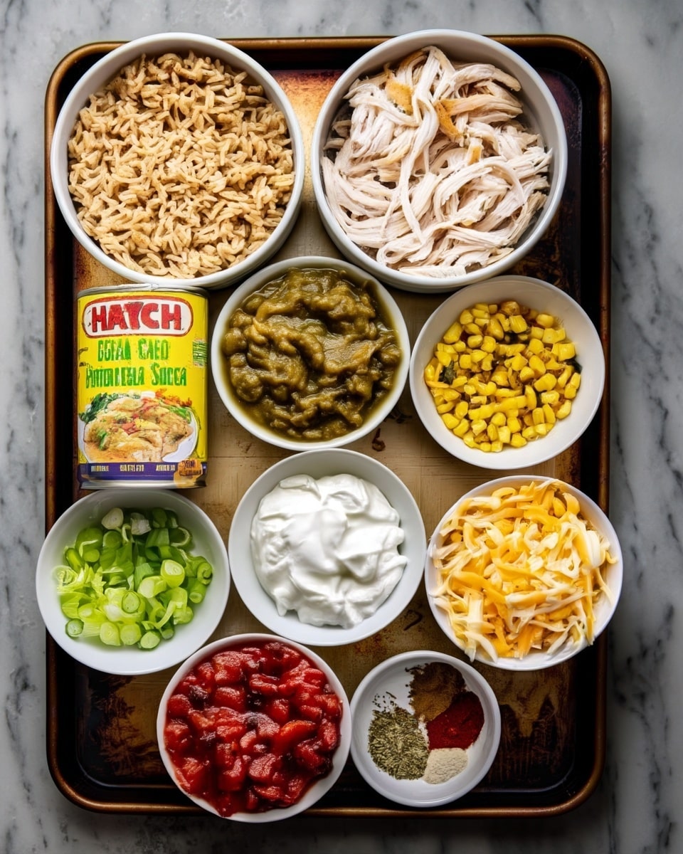 A dark metal tray with nine white bowls arranged in three rows. The top row has brown cooked rice in the left bowl and shredded light-colored chicken in the right bowl. The middle row has a can of green chile enchilada sauce on the left, a bowl with chunky green chile sauce in the center, and yellow corn kernels on the right. The bottom row features sliced green onions on the left, a bowl of white sour cream in the center, and shredded yellow and white cheese on the right. Below these, two additional white bowls are placed; one with chopped red tomatoes on the left and another with different spices arranged in three small piles on the right. The background is a white marbled surface. Photo taken with an iphone --ar 4:5 --v 7
