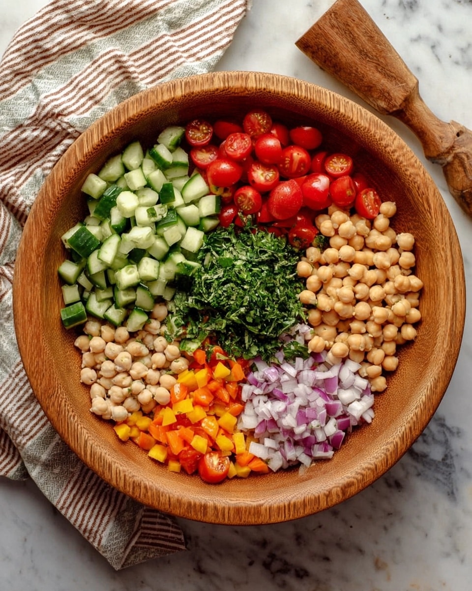 A large wooden bowl holds six separate sections of fresh ingredients arranged neatly on a white marbled surface. Starting from the top left, there are diced green cucumbers with a smooth texture, followed by halved bright red cherry tomatoes, a pile of finely chopped dark green herbs in the center, small white beans with a slightly rough look to the right, cooked beige chickpeas filling the bottom right, then diced orange bell peppers, and finely chopped red onions with a slightly purple tint on the bottom left. The bowl is surrounded by a wooden kitchen tool and a striped cloth. Photo taken with an iphone --ar 4:5 --v 7