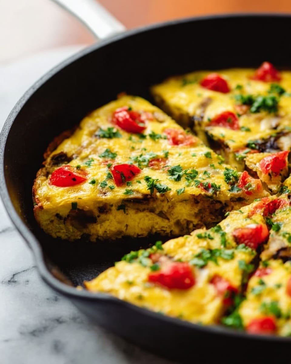A close-up of a black skillet filled with a golden baked dish that appears to be a vegetable frittata or casserole, cut into large triangular slices. The top layer is a light golden yellow with a slightly browned, soft texture, decorated with small red tomato pieces scattered across the surface. Green herbs are sprinkled evenly on top, adding fresh green spots. The dish's inside layers visible at the cut show darker bits of cooked vegetables mixed in, giving a texture contrast. The whole skillet sits on a white marbled surface, with the dish looking warm and freshly cooked. Photo taken with an iphone --ar 4:5 --v 7