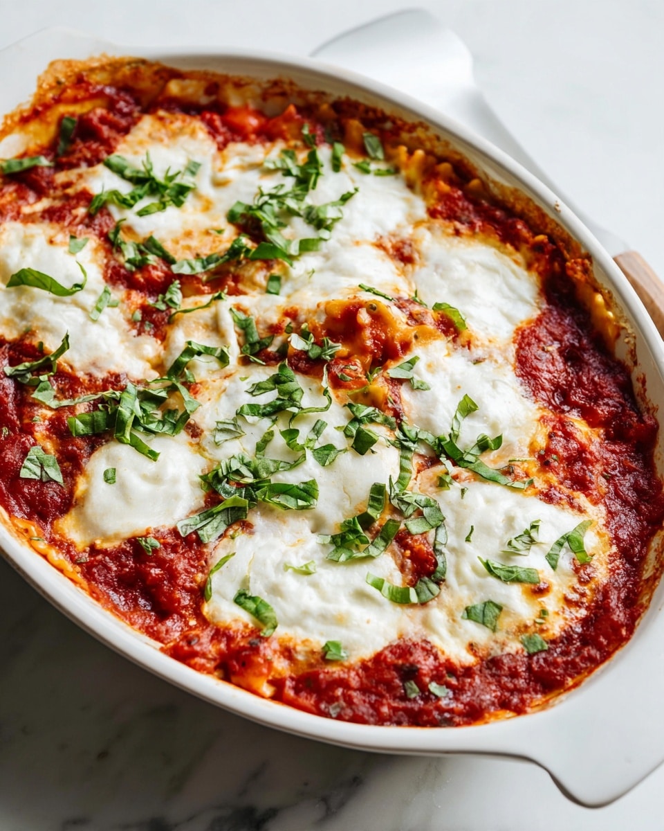 A white oval dish holds a layered lasagna with a deep red tomato sauce as the first visible layer, topped with generous dollops of melted white cheese unevenly spread across the surface. Bright green chopped basil leaves are scattered on top, adding a fresh contrast against the red sauce and white cheese. The edges show some baked sauce spilling slightly over the dish sides. The dish sits on a white marbled surface, with a white spatula slightly visible in the background. The image is close-up, focusing on the rich textures and colors of the lasagna. photo taken with an iphone --ar 4:5 --v 7