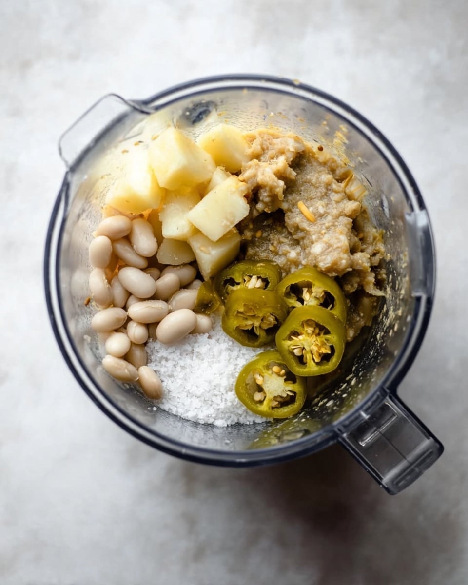 A top-down view inside a clear blender shows several layers of food ingredients. At the bottom, small white beans are scattered unevenly. On top of the beans, there are pale yellow cubed pieces, likely potatoes, mixed with some white granules that look like salt. Near one side, a chunky, light brown mixture rests, appearing soft and slightly mushy. On the top, several greenish-yellow sliced jalapeños lie neatly. The blender is placed on a white marbled surface. photo taken with an iphone --ar 4:5 --v 7