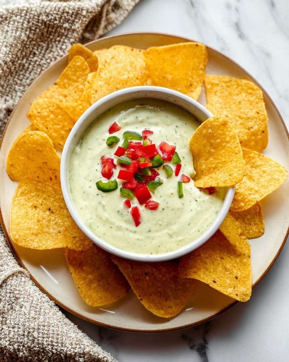A small white bowl filled with creamy light green dip topped with small pieces of red tomato and green pepper, placed in the center of a larger white plate. Around the bowl, several golden-yellow tortilla chips are arranged, one chip is dipped slightly into the sauce. The larger plate sits on a white marbled surface with a folded textured cloth nearby. Photo taken with an iphone --ar 4:5 --v 7