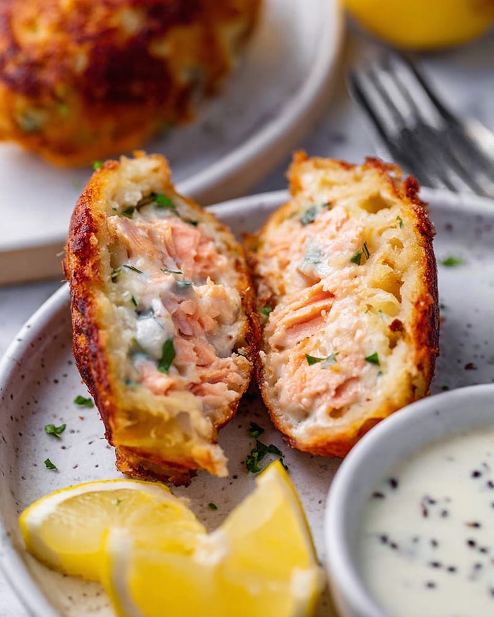 The image shows a close-up of two halves of a stuffed food item with golden-brown crispy edges and a soft, creamy interior filled with pink pieces that look like salmon and bits of green herbs. The halves are placed on a white plate with small speckles, beside a creamy white sauce dotted with black herbs. To the right, there are wedges of bright yellow lemon and part of a white bowl holding more of the sauce. In the background, a larger piece of the stuffed food is visible on a white marbled surface, along with a silver fork. The colors are warm and fresh, highlighting the crispy and soft textures together. photo taken with an iphone --ar 4:5 --v 7
