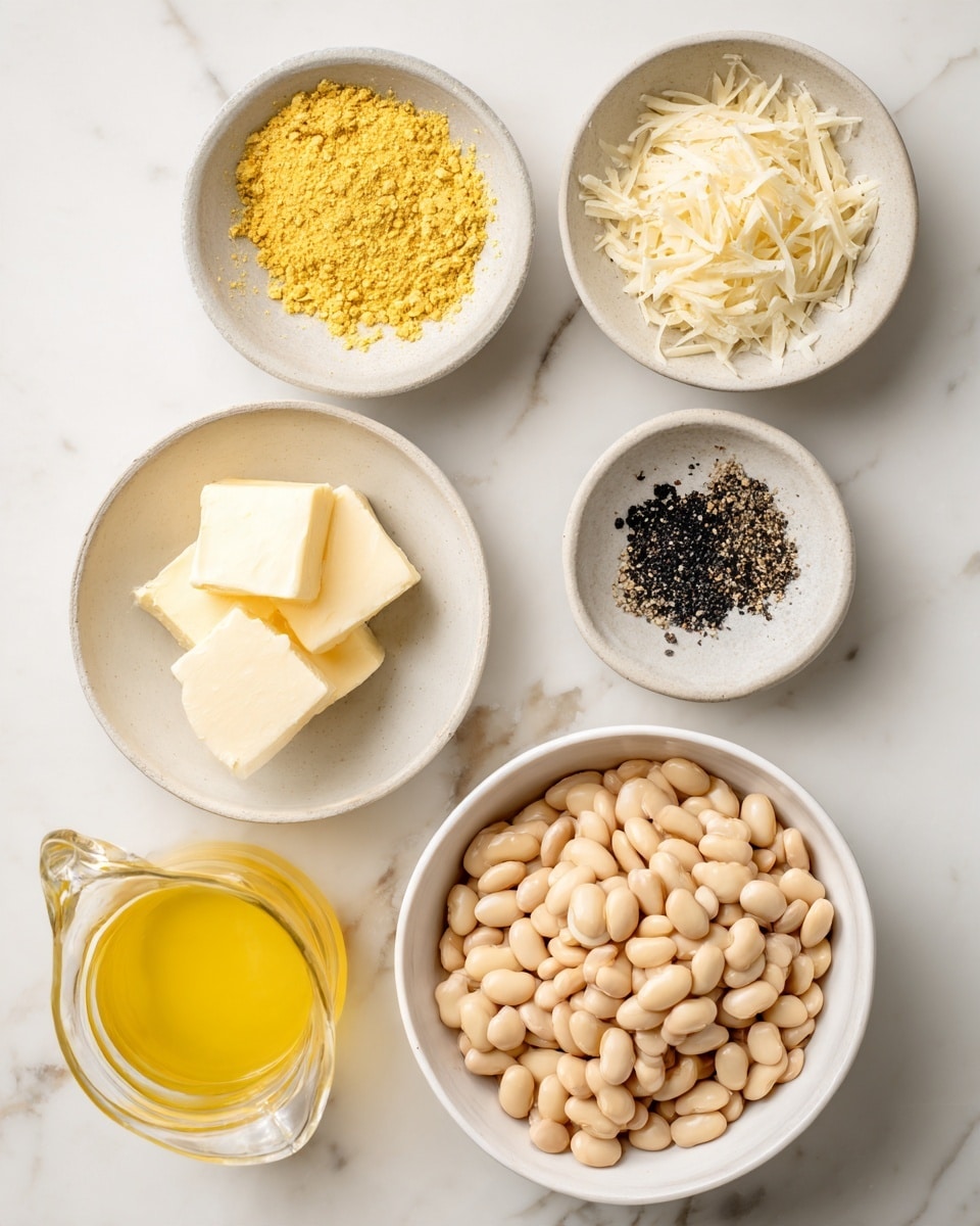 This image shows six white bowls placed on a white marbled surface. The largest bowl at the bottom right is filled with light beige butter beans, giving a soft and smooth texture. Above this bowl, there are three small bowls arranged in a loose triangle: the top one contains bright yellow nutritional yeast with a flaky texture, the right one holds dark black pepper with a coarse texture, and the left one has off-white shredded parmesan cheese with a light, fluffy appearance. To the left and slightly below these, there is a small bowl with two solid pieces of creamy vegan butter. At the bottom left of the image, a clear glass jug holds bright yellow liquid labeled as 'chicken' broth. The setting is evenly lit, making the colors and textures clear, and a woman's hand could be imagined adding to the setup. photo taken with an iphone --ar 4:5 --v 7