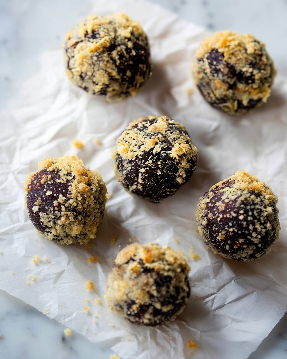 The image shows round dark brown balls, each covered with a light crumbly layer of golden crumbs, resting on crinkled white parchment paper that lies on a white marbled surface. Each ball is firm and textured, with the crumb layer unevenly scattered, giving a rough surface. There are six balls spaced apart in a loose cluster, with soft natural light highlighting the crumbly texture and deep color contrast between the dark center and the light topping. photo taken with an iphone --ar 4:5 --v 7