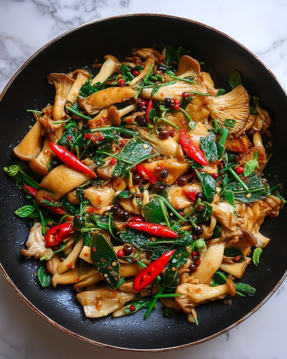 The image shows a close-up of a stir-fried dish in a black pan, filled with several layers of light brown oyster mushrooms that have a soft, slightly shiny texture. Among the mushrooms are vivid green leaves and stems scattered throughout, with bright red chili peppers adding contrast. There are also small dark peppercorn clusters spread sparsely in the mix. The overall look is moist, with a mix of cooked mushroom and fresh herbs and spices visible on a white marbled surface in the background. Photo taken with an iphone --ar 4:5 --v 7