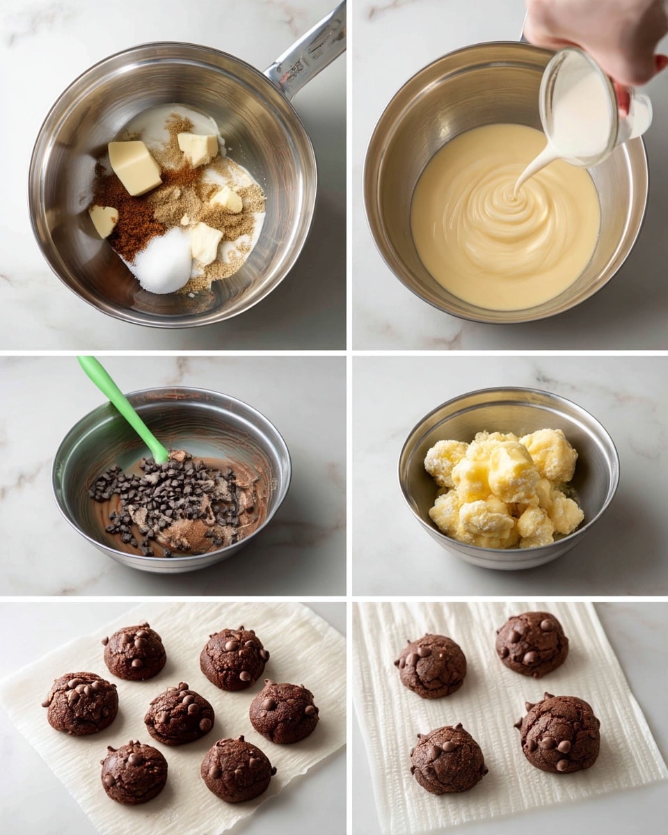 The image shows six steps of making chocolate cookies arranged in two rows of three. The first step, at the top left, has chunks of butter, brown sugar, and white sugar in a metal bowl on a white marbled surface. The second step, top center, shows cream being poured into a creamy beige dough in the same metal bowl. The third step, top right, shows the dough mixed further with an egg and some white liquid added on top. The fourth step, bottom left, reveals a chocolate batter with chocolate chips added on top, mixed with a green spatula inside the metal bowl. The fifth step, bottom center, shows six round cookie dough balls placed on white parchment paper on a white marbled surface. The final step, bottom right, shows six round chocolate cookies with melted chocolate chips baked and placed on white parchment paper on a white marbled surface. photo taken with an iphone --ar 4:5 --v 7