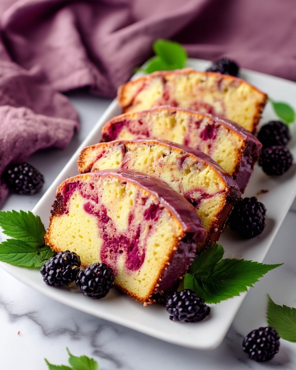 A white rectangular plate holds three thick slices of yellow sponge cake with swirls of dark red berry filling inside, and a shiny thin layer of purple glaze covering the top. The texture of the cake looks soft and moist with darker golden-brown edges. Small fresh blackberries and green leaves are placed decoratively on the white marbled surface near the plate. In the background, a folded purple cloth adds a soft contrasting touch, slightly out of focus. photo taken with an iphone --ar 4:5 --v 7